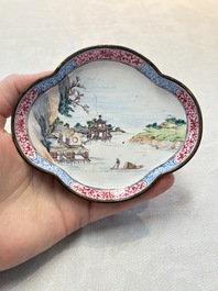 A pair of Chinese Canton enamel quadrifoil 'river landscape' saucers, Yi Qi 亦奇 mark, 18th C.