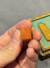 Five small Chinese tianhuang seals with a box, Eryue Xuan 二樂軒, Xinyu 心畬, Fu Ru 溥儒, Jiu Wangsun 舊王孫 and Luoshi Huiguan 羅室會館 mark, 19/20th C.