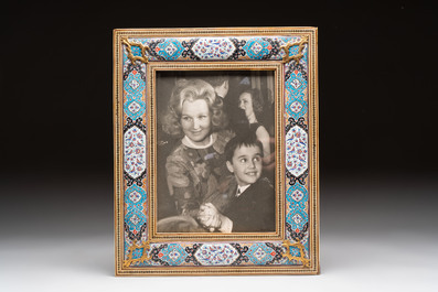 A Persian enamel and bone-inlaid frame, and an enamel flower holder, 19/20th C.