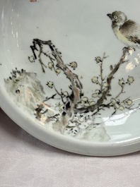A Chinese qianjiang cai dish with a bird on a branch, signed Cheng Men 程門, dated 1878