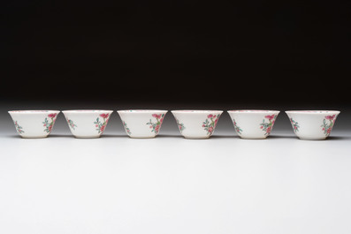 A set of six Chinese famille rose 'peonies' cups and saucers, Yongzheng/Qianlong