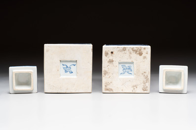 A pair of Chinese blue and white square flasks and covers with narrative design, Kangxi