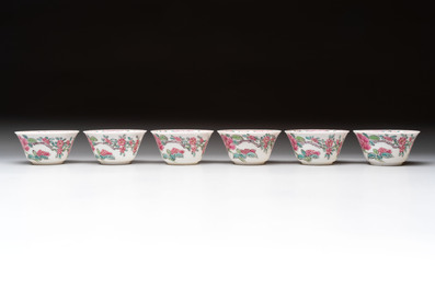 A set of six Chinese famille rose 'peonies' cups and saucers, Yongzheng/Qianlong