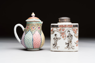 Three fine Chinese famille rose covered milk jugs and a grisaille and iron-red-decorated tea caddy with silver cover, Yongzheng/Qianlong