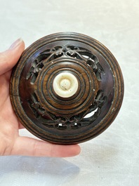 A Chinese archaistic bronze censer with a wooden cover, Xuande mark, 19th C.