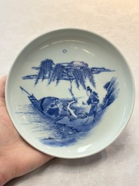 A Chinese blue and white plate with a couple along the water, Ya Zhi 雅製 mark, Kangxi/Yongzheng