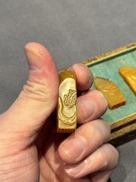 Five small Chinese tianhuang seals with a box, Eryue Xuan 二樂軒, Xinyu 心畬, Fu Ru 溥儒, Jiu Wangsun 舊王孫 and Luoshi Huiguan 羅室會館 mark, 19/20th C.