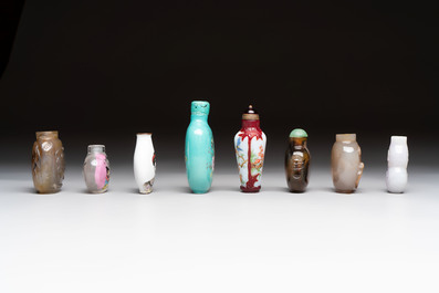 A varied collection of eight Chinese snuff bottles, Qianlong mark, 20th C.