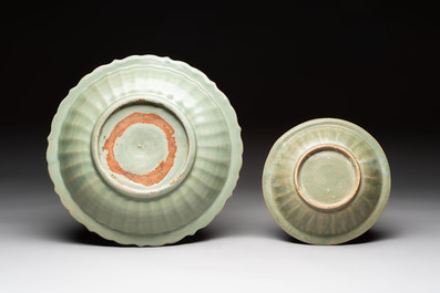 A Chinese Longquan celadon dish with floral anhua design and a 'twin fish' plate, Ming