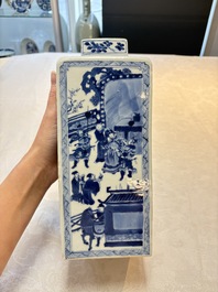 A pair of Chinese blue and white square flasks and covers with narrative design, Kangxi