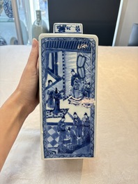 A pair of Chinese blue and white square flasks and covers with narrative design, Kangxi
