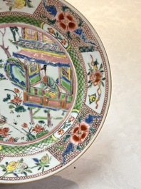 A pair of Chinese famille rose plates with a lady and boys in a boat, Yongzheng/Qianlong