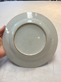 Three Chinese famille rose plates with figures and birds, Yongzheng/Qianlong