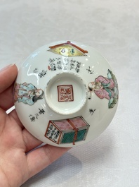 A pair of Chinese famille rose 'Wu Shuang Pu' covered cups and saucers, Tongzhi mark, 19/20th C.