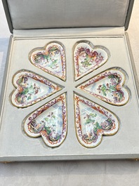 A rare polychrome Dutch Delft petit feu six-piece sweetmeat set, 18th C.