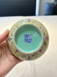 A Chinese famille rose 'flower scroll' vase-shaped box and cover, Qianlong mark, 19th C.