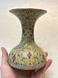 A Chinese famille rose 'flower scroll' vase-shaped box and cover, Qianlong mark, 19th C.
