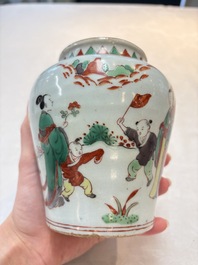 A small Chinese wucai jar with figures in a landscape, Transitional period