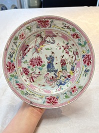 Three Chinese famille rose plates with figures and birds, Yongzheng/Qianlong