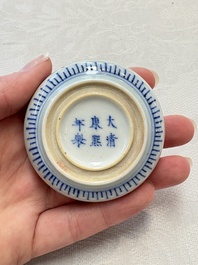 A fine Chinese blue, white and copper-red 'riverscape' seal paste box and cover, Kangxi mark, 19/20th C.