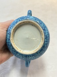 A Chinese robin's egg-glazed censer on a wooden stand and a copper-red-glazed seal paste box and cover, 19/20th C.