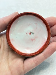 A fine Chinese blue, white and copper-red 'riverscape' seal paste box and cover, Kangxi mark, 19/20th C.