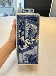 A pair of Chinese blue and white square flasks and covers with narrative design, Kangxi