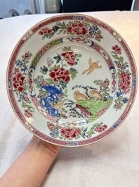 Three Chinese famille rose plates with figures and birds, Yongzheng/Qianlong