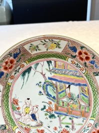 A pair of Chinese famille rose plates with a lady and boys in a boat, Yongzheng/Qianlong