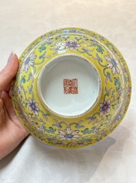 A pair of Chinese famille rose 'flower scroll' bowls, Jiaqing mark and of the period