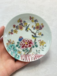 Two Chinese famille rose cups and saucers with birds and flowering branches, Yongzheng