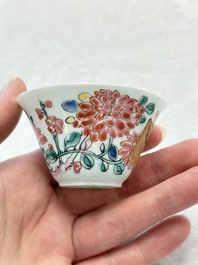 Two Chinese famille rose cups and saucers with birds and flowering branches, Yongzheng