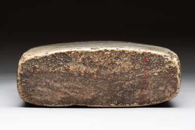 A Chinese inscribed green stone with bamboo design, Daguan mark, dated 1108