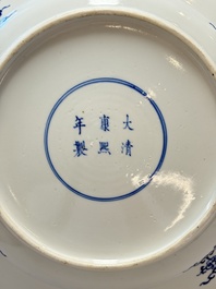 A Chinese blue and white dish with floral design, Kangxi mark, 19th C.