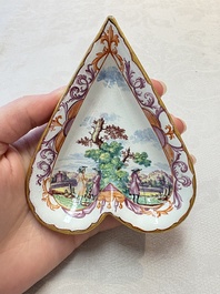 A rare polychrome Dutch Delft petit feu six-piece sweetmeat set, 18th C.