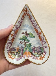 A rare polychrome Dutch Delft petit feu six-piece sweetmeat set, 18th C.