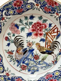 Three Chinese famille rose plates with figures and birds, Yongzheng/Qianlong
