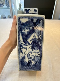 A pair of Chinese blue and white square flasks and covers with narrative design, Kangxi