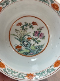 A pair of Chinese famille rose 'flower scroll' bowls, Jiaqing mark and of the period