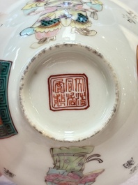 A pair of Chinese famille rose 'Wu Shuang Pu' covered cups and saucers, Tongzhi mark, 19/20th C.