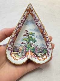 A rare polychrome Dutch Delft petit feu six-piece sweetmeat set, 18th C.