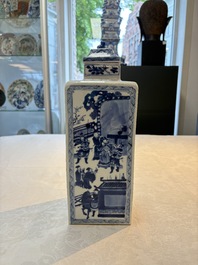 A pair of Chinese blue and white square flasks and covers with narrative design, Kangxi