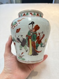 A small Chinese wucai jar with figures in a landscape, Transitional period