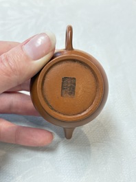 A small Chinese Yixing stoneware covered teapot and two Swatow Yixing-style covered teapots, Yixing Hui Mengchen 宜興惠孟臣製 and Shunji 順記 marks, 19/20th C