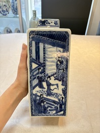 A pair of Chinese blue and white square flasks and covers with narrative design, Kangxi