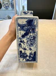 A pair of Chinese blue and white square flasks and covers with narrative design, Kangxi