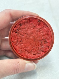 A fine Chinese blue, white and copper-red 'riverscape' seal paste box and cover, Kangxi mark, 19/20th C.