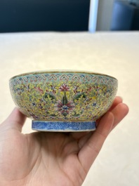 A Chinese famille rose 'flower scroll' vase-shaped box and cover, Qianlong mark, 19th C.