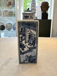 A pair of Chinese blue and white square flasks and covers with narrative design, Kangxi