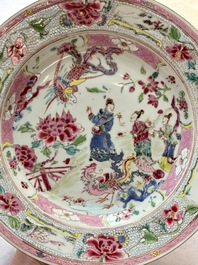 Three Chinese famille rose plates with figures and birds, Yongzheng/Qianlong